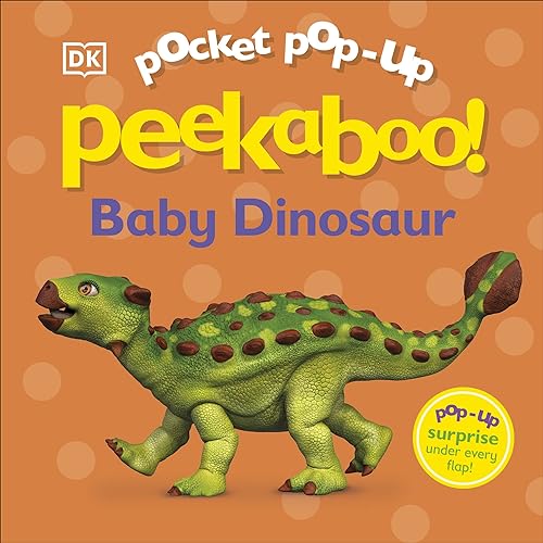 Green baby dinosaur with spots on an orange polka-dot background.