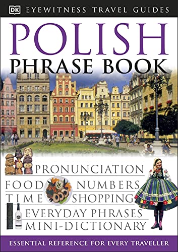 Cover of “Polish Phrase Book” with city scene and traditional dress.