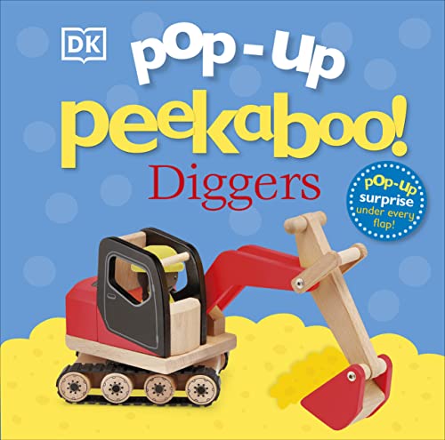 Cover of “Pop-Up Peekaboo! Diggers” children’s book with a red excavator.