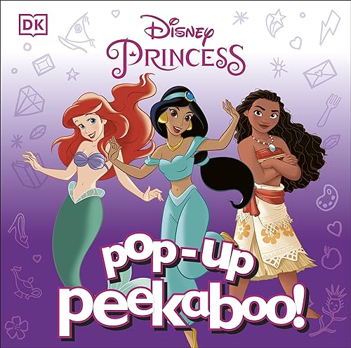 Ariel, Jasmine, and Moana smiling on a purple "Pop-Up Peekaboo!" book cover.