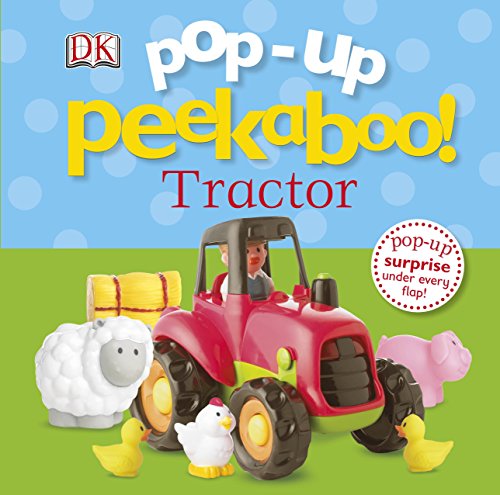 Red tractor with a driver, sheep, pig, and ducks in a field.
