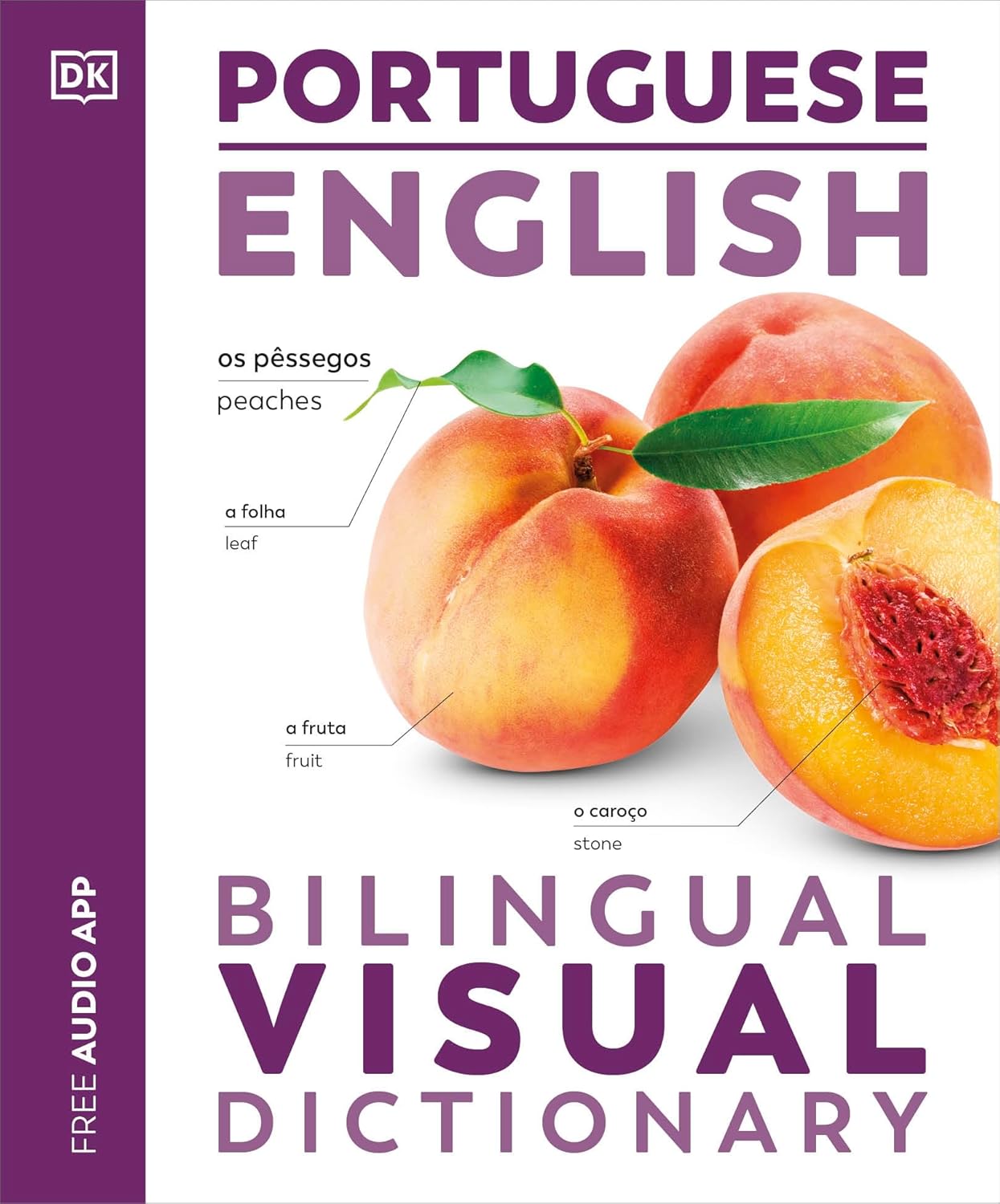 Cover of the Portuguese English Bilingual Visual Dictionary featuring peaches with labeled parts.
