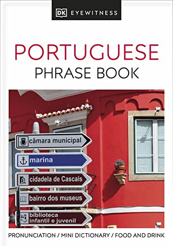 Red cover of "Portuguese Phrase Book" with a street scene background.