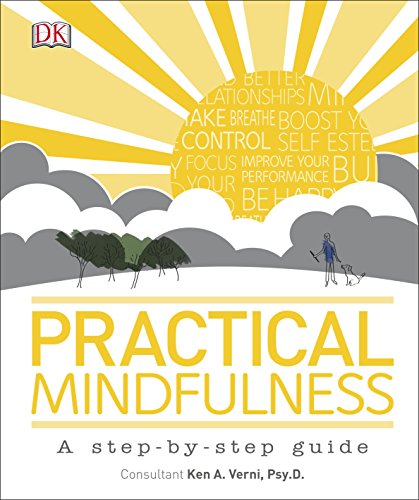 Book cover: "Practical Mindfulness" with sunburst, clouds, and silhouetted figures.