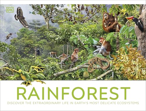 Book cover depicting rainforest animals—monkeys, birds, a snake—among lush foliage.