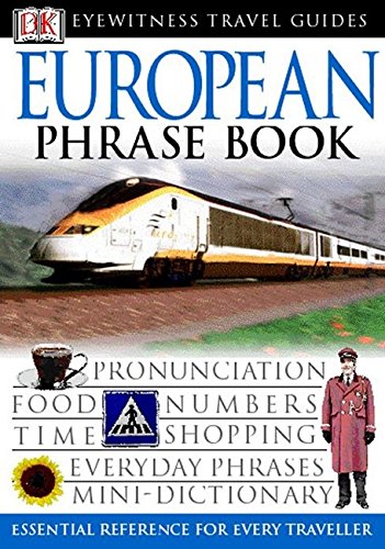 European phrasebook cover with a train, food, and travel-related images.