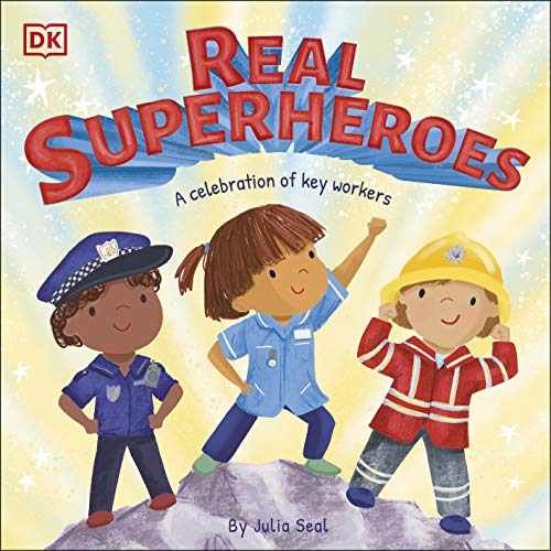 Book cover: "Real Superheroes" featuring children dressed as essential workers.