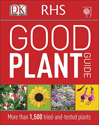"Red book cover with 'RHS Good Plant Guide' title and images of various flowers."