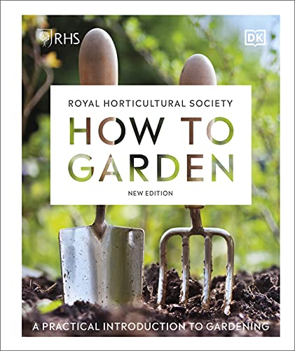 Gardening book cover with tools, green title, and blurred foliage background.