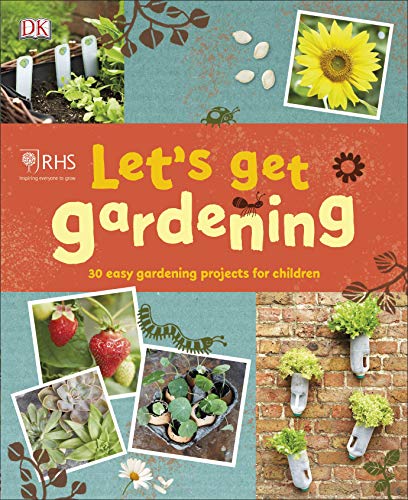 Book cover for RHS Let's Get Gardening featuring photos of plants and gardening projects.