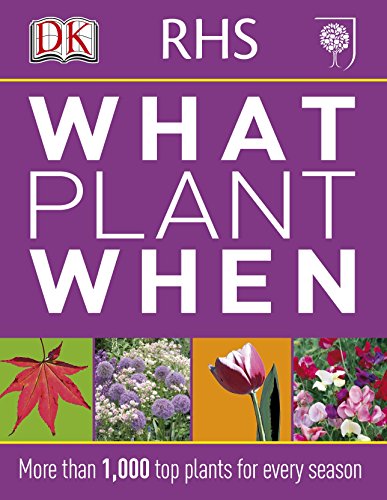 "Book cover with purple background, white text 'What Plant When', and images of various flowers."