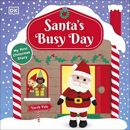 Children's book cover featuring Santa and elves in front of a snowy North Pole house.