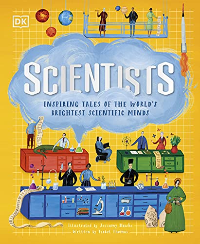 Book cover: "Scientists" with illustrated scenes of diverse researchers.