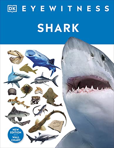 Shark" book cover featuring a great white shark and various shark species.