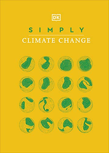 Yellow book cover with “Simply Climate Change” title and circular landform graphics.