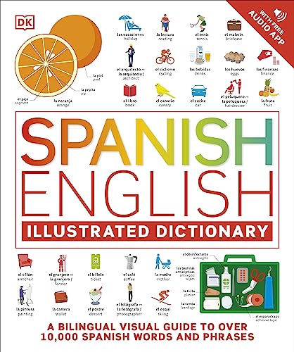 Multicolored dictionary cover with illustrations of various objects and a cut orange.