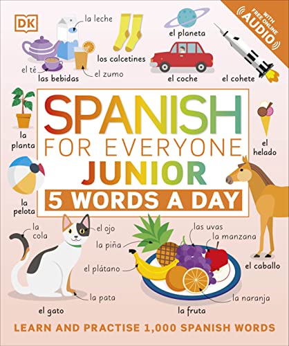Book cover titled Spanish for Everyone Junior featuring various illustrated objects labeled in Spanish.