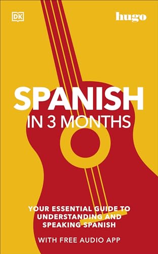 Book cover: "Spanish in 3 Months" with a guitar illustration.