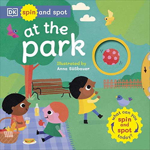 Children’s book cover: park scene with spinning wheel and diverse characters.