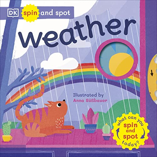 Spin and Spot Weather" book cover with rainbow, cat, and spinning wheel.