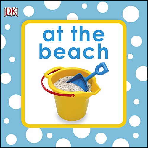 Yellow bucket with blue shovel in sand, on a polka dot background.