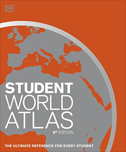 Orange cover of "Student World Atlas" with a globe illustration.
