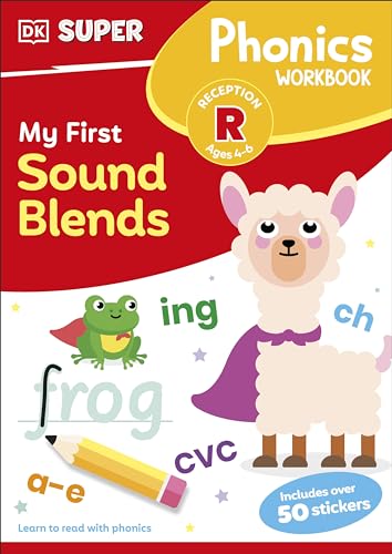 Phonics workbook cover with a llama, frog, and learning elements.