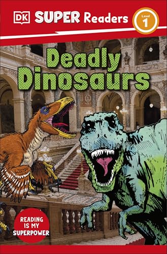Book cover featuring illustrations of two dinosaurs in a grand hall with red carpet.