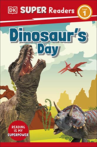 Book cover: dinosaurs—a T-Rex, Triceratops, and Pterodactyl—in a prehistoric landscape.