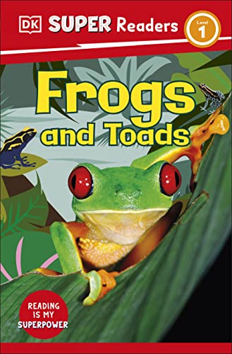 Book cover featuring a vibrant green tree frog and the title "Frogs and Toads".