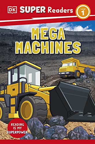 Book cover: "Mega Machines" with yellow construction vehicles and rocks.