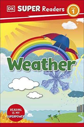 Book cover: "Weather" with rainbow, clouds, snowflake, and umbrella illustrations.