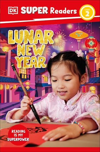 Book cover with girl holding calligraphy pen, Lunar New Year background.
