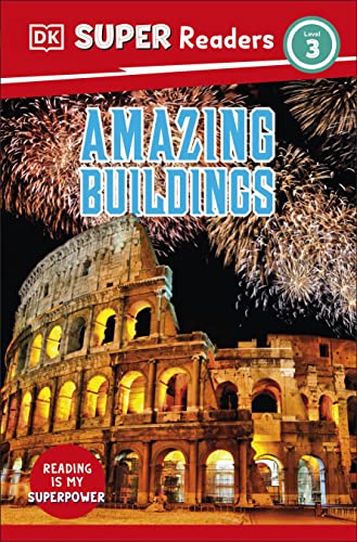 Book cover: “Amazing Buildings” with the Colosseum and fireworks display.