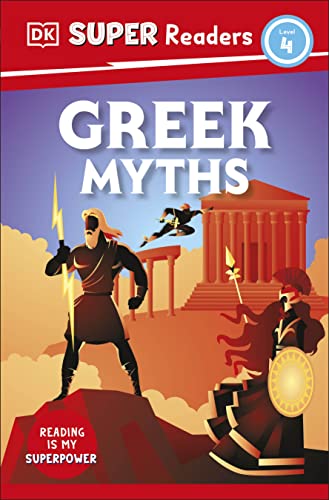 Book cover: "Greek Myths" with illustrations of gods and a temple.
