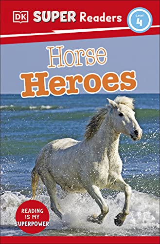 Book cover: "Horse Heroes" with a white horse running on a beach.