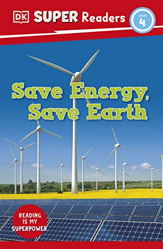 Book cover with wind turbines, solar panels, and text “Save Energy, Save Earth”.