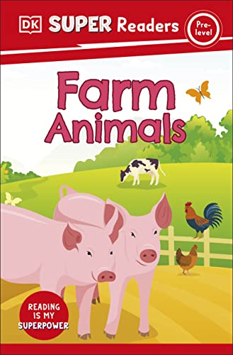Book cover for DK Super Readers Pre-level Farm Animals featuring pigs, chickens, and cow.