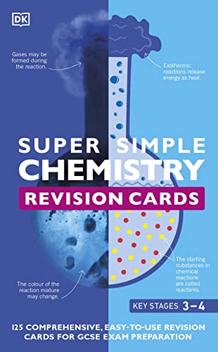 Chemistry revision cards with colorful illustrations of beakers and chemical reactions.