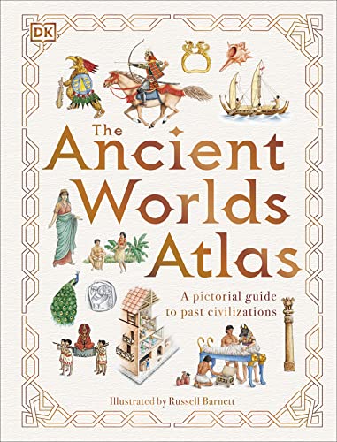 Book cover: “The Ancient Worlds Atlas” with illustrations of historical scenes.