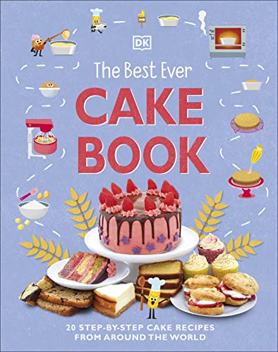 Cake book cover with illustrations of cakes, baking tools, and strawberries.