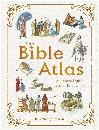 Cover of “The Bible Atlas” with illustrated biblical scenes.