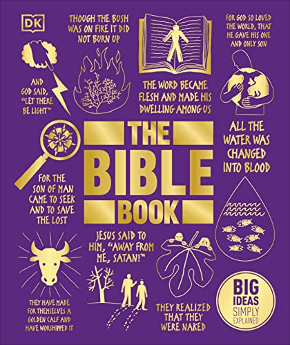 Purple book cover featuring gold line drawings of biblical scenes and text.