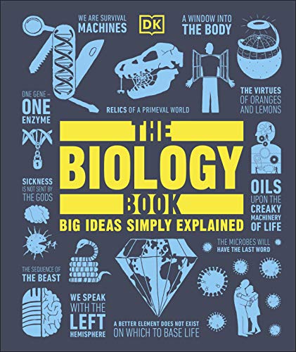 "The Biology Book" cover with dark grey background and blue illustrations, featuring yellow title.