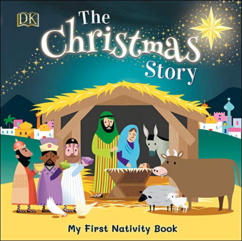 Illustrated nativity scene with Mary, Joseph, baby Jesus, and wise men.