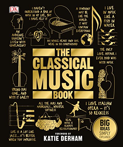 "The Classical Music Book" cover with gold text and illustrations on a black background.