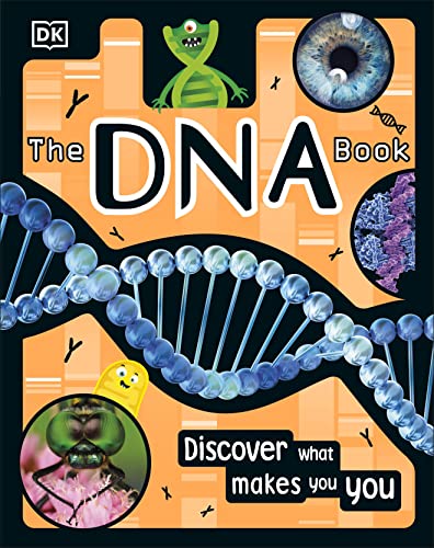 Book cover featuring DNA strands, chromosomes, an eye, and cartoon cells.