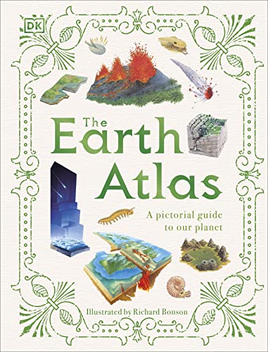 Book cover: "The Earth Atlas" with illustrations of geological formations.