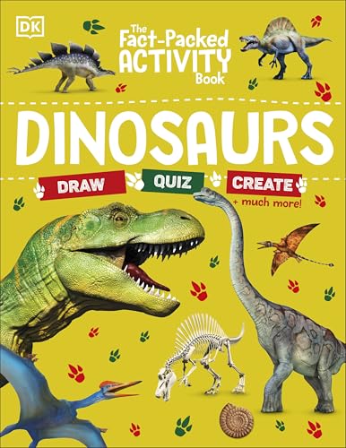 Bright yellow book cover featuring various dinosaurs and activity prompts.