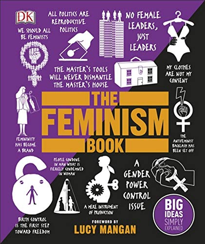 "The Feminism Book" cover, purple and black background with feminist icons and text.